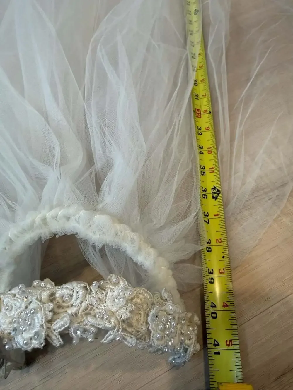 Vintage Ivory Lace and Faux Pearl Headband Wedding Veil 36 Inch